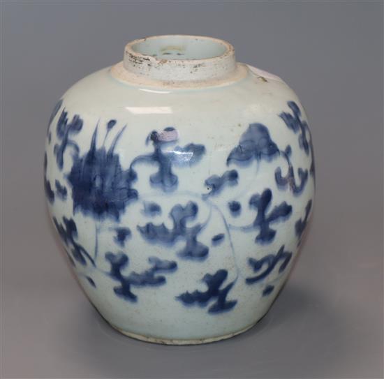 A 17th century Chinese blue and white ovoid jar, unglazed base height 17.5cm, lacking cover